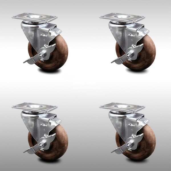 Service Caster 4 Inch SS High Temp Glass Filled Nylon Swivel Top Plate Caster Set with Brake SCC-SS20S414-GFNSHT-TLB-4 - main